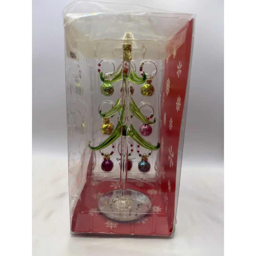 Gift Essentials Holiday Glass Tree with Beaded Glitter Ornament Wine Charms